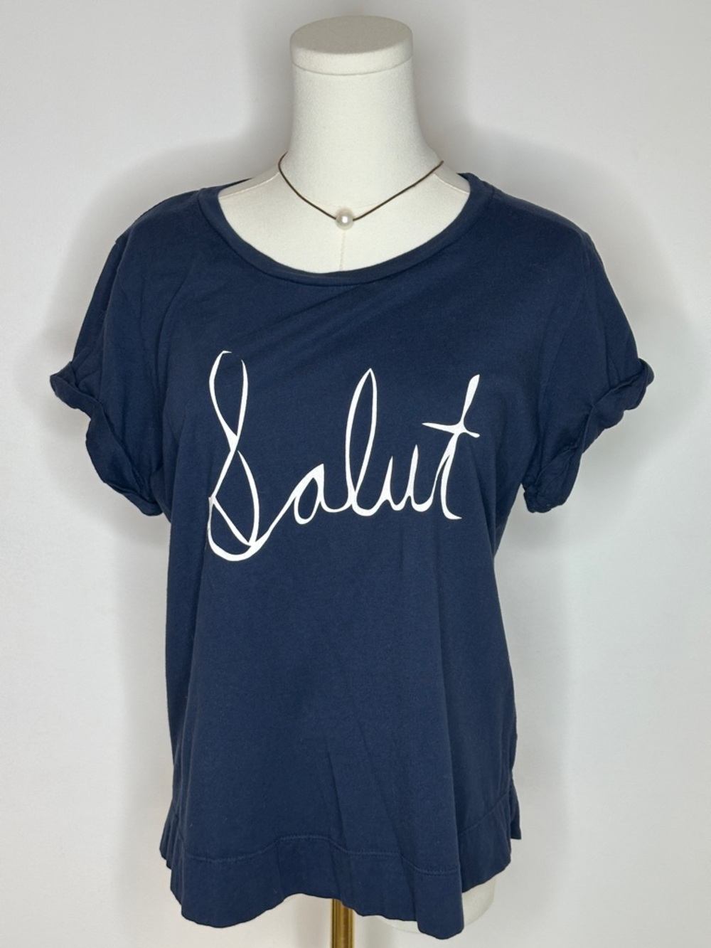 Anthropology T.La Navy Short Sleeve Tee with White Salut Graphic